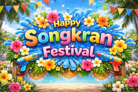 Happy Songkran Festival bold text with water splashes, tropical flowers, palm tree and garlands. Celebration background for Thai New Year.の写真素材