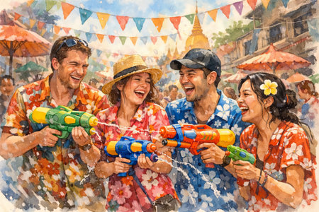 Group of friends, men and women, celebrate Songkran water festival with colorful squirt guns. Vibrant watercolor illustration for travel blog.の写真素材