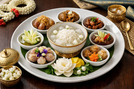 Traditional Thai Songkran festival food set called Khao Chae on white plate for new year celebration. Cultural dish with jasmine rice.の写真素材