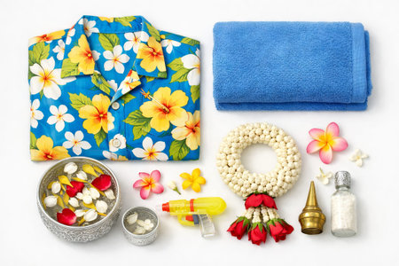 Songkran festival flat lay with a flowery shirt, jasmine garland, towel, and bowls of water with petals. Summer holiday and Thai new year tradition.の写真素材
