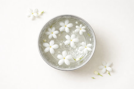 Jasmine flower floating in metallic bowl water for Songkran Festival. Thai New Year celebration ritual. Traditional Asian culture background.の写真素材