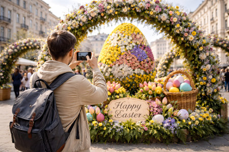 Man taking photo of giant easter egg made of flowers in city square with decorative basket of...