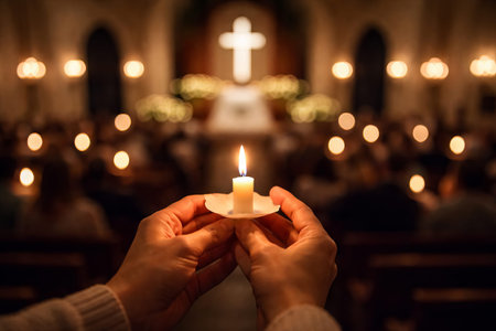 Easter candlelight service in a church with a focus on a lit candle in the foreground. concept of...