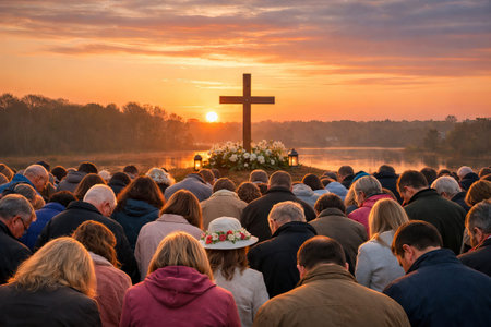 Easter sunrise gathering at lakeside with cross adorned with flowers during dawn ceremony. concept...