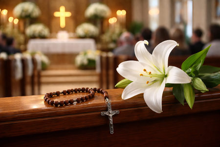 Beautiful easter lily and rosary on church pew with cross in background for peaceful holiday...