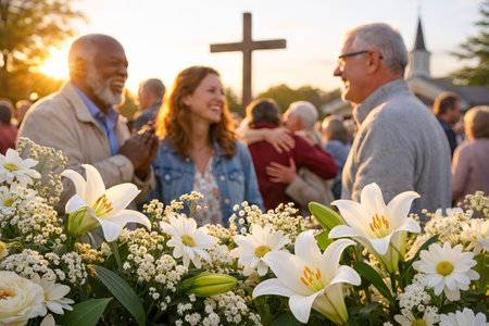 Diverse community gathering in church yard with white lilies in bloom during sunny day. concept of...
