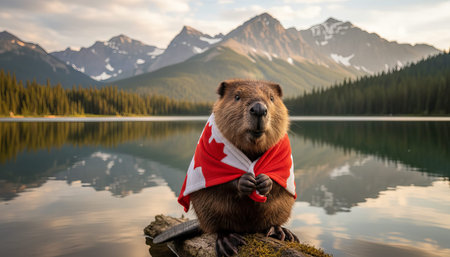 Adorable beaver wrapped in canadian flag sitting on a log in a serene lake setting with stunning...