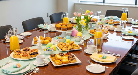 Easter brunch table with pastries, eggs, and spring flowers for festive celebration with family and...
