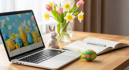 Laptop with easter egg screensaver on a wooden desk beside an open notebook and ceramic bunny with...