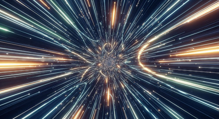 Futuristic warp speed space travel scene with dynamic light streaks and cosmic energy. concept of sci-fi adventure, time travel, exploration, background.の写真素材