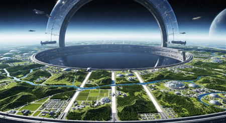 Futuristic space habitat with lush greenery and architectural design showcasing advanced technology,...