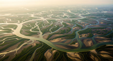 Aerial view of winding river channels and lush green vegetation in serene landscape. concept of...