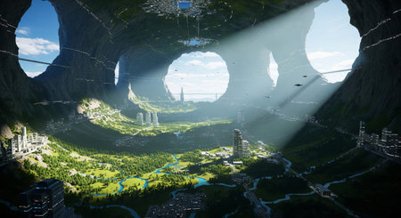 Futuristic cityscape featuring lush green valley and towering arches with sunlight streaming through. concept of advanced architecture, green urban landscape, sci-fi vision.の写真素材