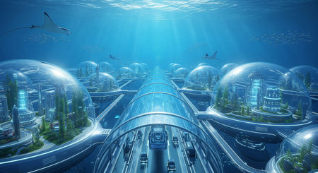 Futuristic underwater city with glass domes and marine life illustrating advanced architecture and oceanic environment concept of innovation, sustainable habitat, marine exploration.の写真素材