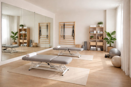 Modern physiotherapy clinic with therapy tables and exercise equipment in a bright room. concept of rehabilitation, physical therapy, health care facility.の写真素材