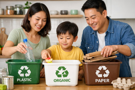 Recycling sorting: young asian family organizing plastic, organic, and paper waste in kitchen. concept of environmental awareness, waste management, family activity.の写真素材