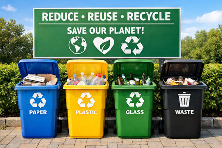 Recycling bins for paper, plastic, glass, and waste in an outdoor setting promoting environmental...