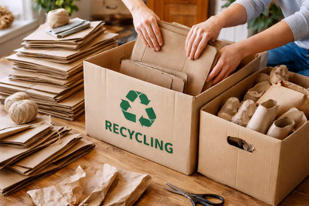Hands sorting cardboard into boxes labeled recycling, promoting eco-friendly practices and...
