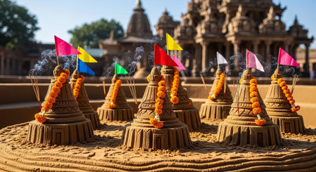 Sand pagodas with incense, flags and flowers for Songkran. Traditional Buddhist temple festival and...