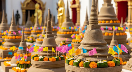 Songkran pagoda made from sand decorated with colorful flags and flowers. Thai new year festival....
