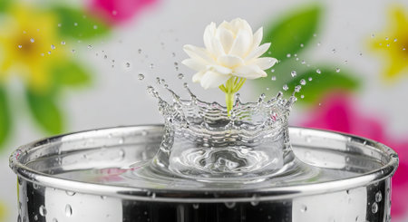White jasmine flower dropping into water creating a splash. Refreshing spring bloom for Songkran holiday. Purity and nature concept.の写真素材