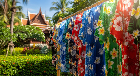 Colorful hawaiian shirts with flower patterns hanging on a rack outside. Tropical apparel for summer...