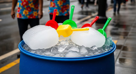 Blue barrel filled with melting ice and colorful scoops for water fight. Songkran festival...