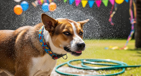 Brown and white dog shaking off water droplets after a bath in a sunny garden.