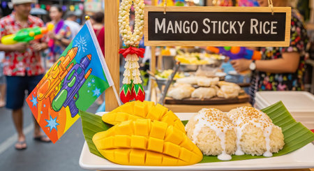 Mango sticky rice dessert with a Songkran flag on a festive street market for celebration of Thai...