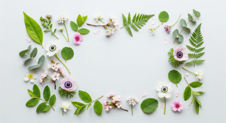 Spring floral arrangement with assorted leaves and blossoms on white background. concept of natural...