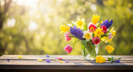 Beautiful spring bouquet with tulips, daffodils, and hyacinths in a glass vase on a sunny day...