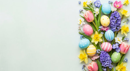 Colorful easter eggs and spring flowers arrangement on light background. concept of easter...