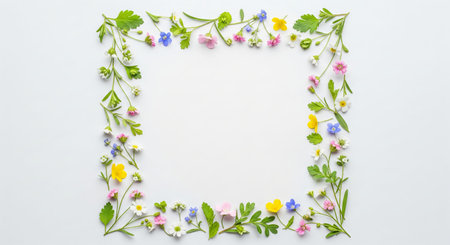 Floral border arrangement with colorful spring flowers on light background for nature lovers and...