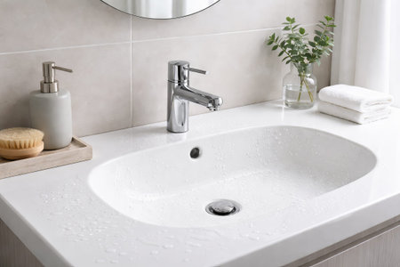 Modern bathroom sink with chrome faucet and water drops in bright interior. concept of water saving, bathroom decor, home sanitation.の写真素材