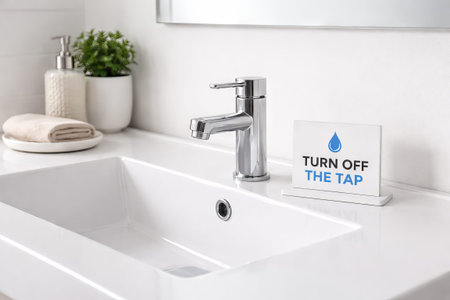 Turn off the tap sign next to a modern sink on a white bathroom counter. concept of water saving,...