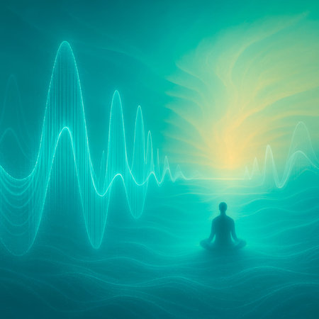 Digital hand drawn illustration of tranquil man meditation with vibrant sound waves and glowing...