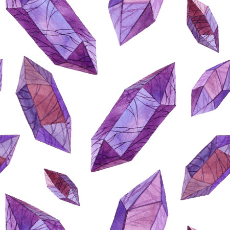 Watercolor seamless pattern with crystals. Crystals from minerals, stones. Amethyst crystals on white background for design decorationの写真素材