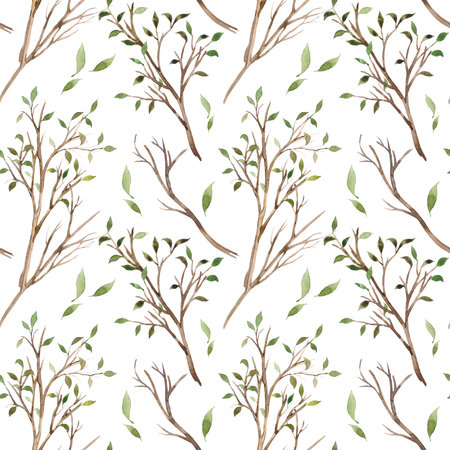Watercolor seamless pattern with twigs and green leaves. Hand drawn texture for design decoration. spring themeの写真素材