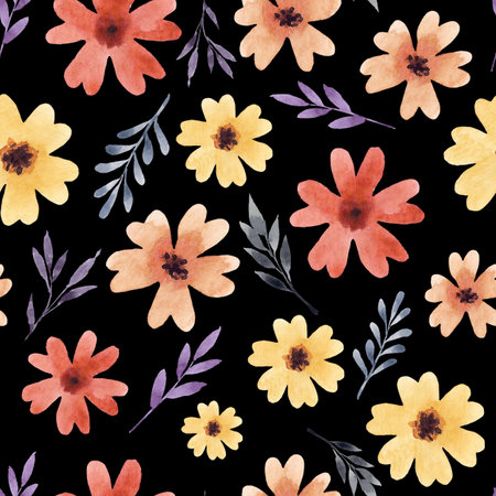 Watercolor seamless pattern with cute yellow and orange flowers and twigs with leaves. Hand drawn print for wrapping paper design, stationery, scrapbooking.の写真素材