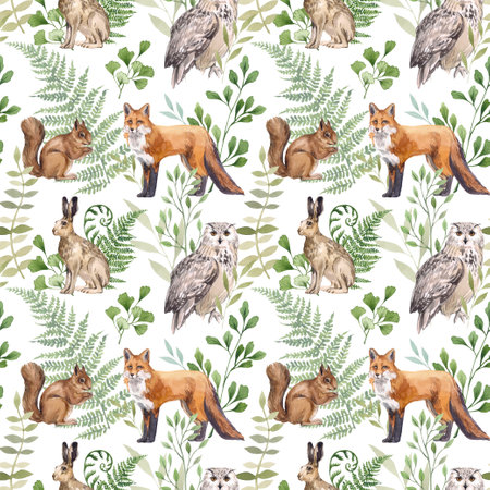 Watercolor seamless pattern with forest animals on a white background. Fox, hare, owl, squirrel illustration. Animals and forest plants, ferns. Design for children's products, textiles, wallpapers.の写真素材