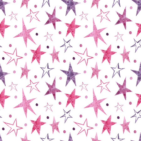 Hand-drawn watercolor pattern of stars and polka dots on a white background. Suitable for wrapping paper, scrapbooking and baby decor.の写真素材