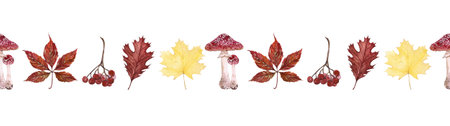 Watercolor seamless autumn border. Hand drawn illustration autumn elements, rowan, leaves, fly agaric, mushroom and berries. Design and decoration of adhesive tape, ribbons, stationery, scrapbooking.の写真素材