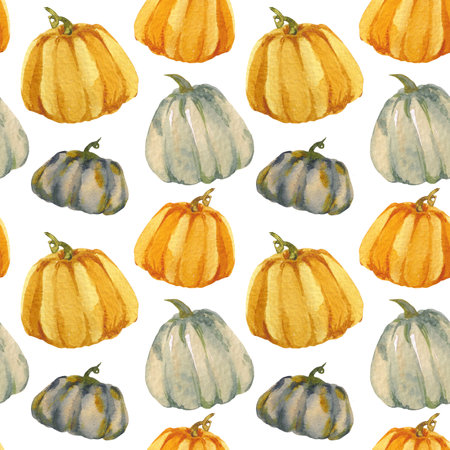 Watercolor seamless pattern with pumpkins on a white background. Hand drawn print illustration for textile, stationery, decoration and design.の写真素材