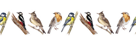 Watercolor seamless border with forest birds. Robin bird, lark, woodpecker, titmouse. Decoration of ribbons, adhesive tape, stationery, scrapbooking. Cute design, vintage styleの写真素材