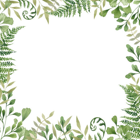 Watercolor vertical frame with forest greenery. Forest leaves, greenery, grass, fern. Registration of postcards and congratulatory, invitation.の写真素材