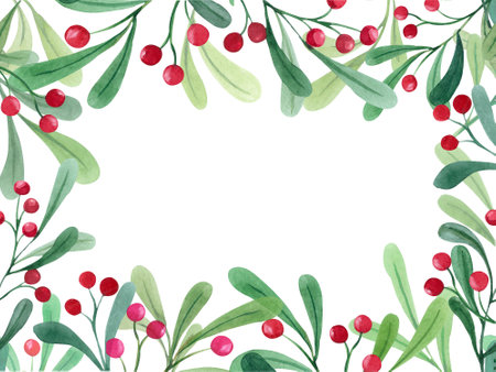 Watercolor Christmas frame with green branches and red berries. Illustration for design and decoration, New Year theme, Christmas and New Year, greeting card, invitation. Rectangular horizontal frame.の写真素材