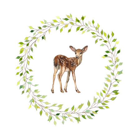 Watercolor round frame with deer. Hand drawn wild animal illustration with botanical frame. Postcard, cute illustration of a forest fawn. Wreath with green leaves. Baby deer in a flower arrangement.の写真素材