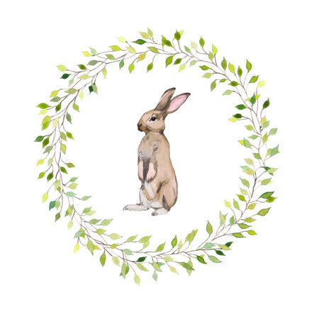 Watercolor round frame with a hare. Hand drawn wild animal illustration with botanical frame. Postcard, cute illustration of a forest hare. Wreath with green leaves. Little hare with forest plants.の写真素材
