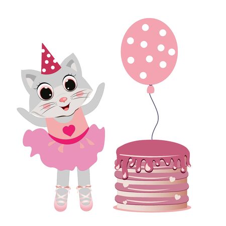 happy birthday cute cat cake and ball celebration decoration card vector illustrationのイラスト素材