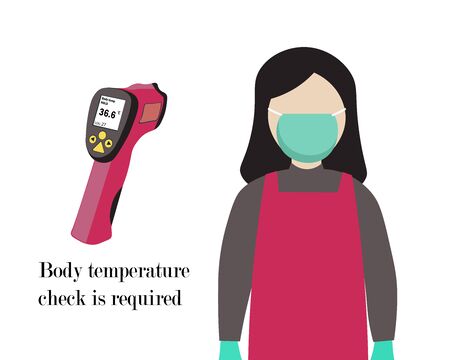 Body temperature check is required. Non-contact thermometer. Man is wearing mask on the face. Coronavirus prevention and control. vector isolated on white background.のイラスト素材